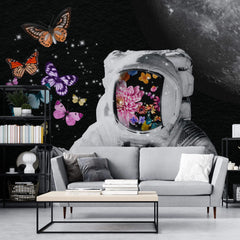 Tapet personalizat eclectic cu astronaut si fluturi colorati in spatiu space butterflies