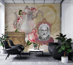 Tapet personalizat eclectic reprezentand un colaj in stil victorian cu aranjament de picnic cu ceainic flori si sculpturi  eclectic tea party