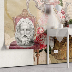 Tapet personalizat eclectic reprezentand un colaj in stil victorian cu aranjament de picnic cu ceainic flori si sculpturi  eclectic tea party