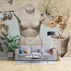 Tapet personalizat eclectic cu bust sculptat din piatra flori si fluturi floral sculpture