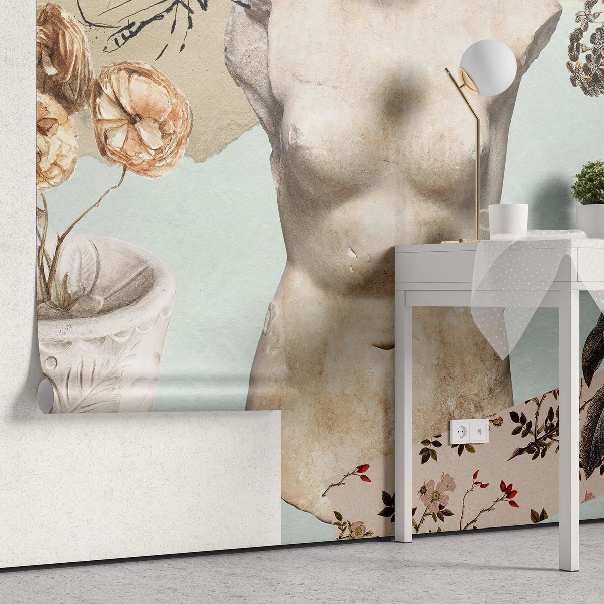 Tapet personalizat eclectic cu bust sculptat din piatra flori si fluturi floral sculpture