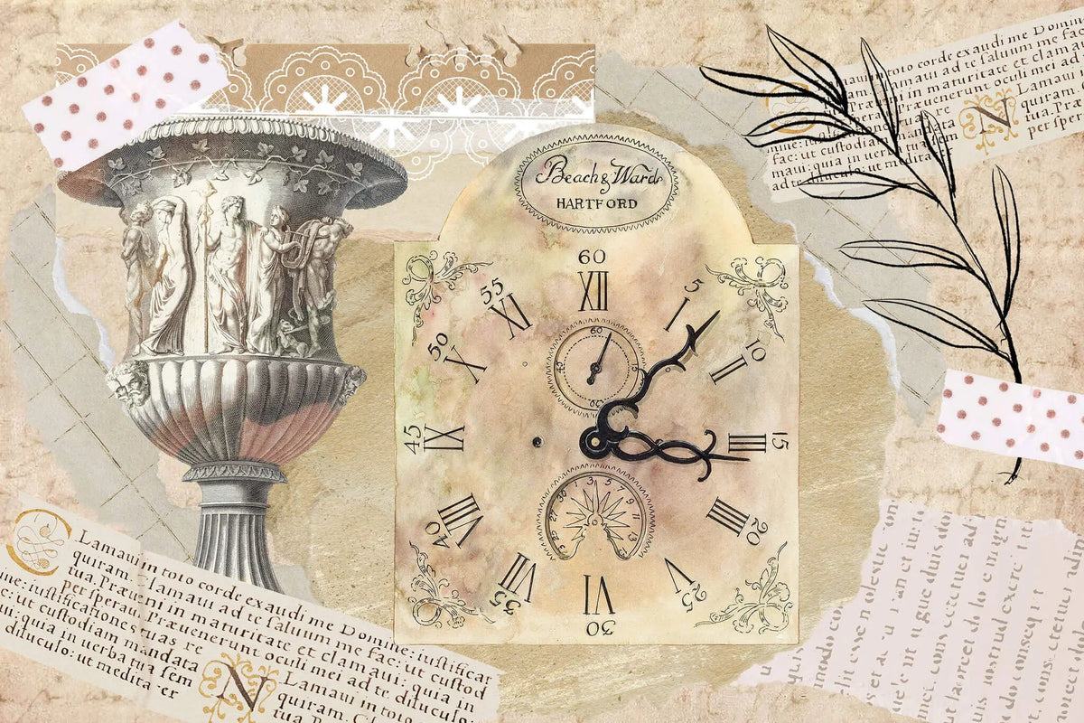 Tapet personalizat eclectic cu un colaj in stil englezesc presarat cu elemente specifice: ceas de epoca sculpturi dantela si texte in latina eclectic clock