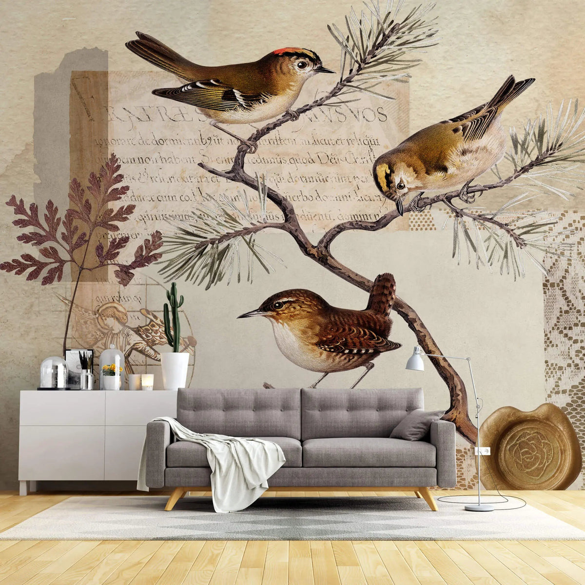 Tapet personalizat eclectic cu design inedit in nuante pamantii ce ilustreaza o scrisoare veche cu sigiliu sub o ramura de conifer plina cu pasari postcard