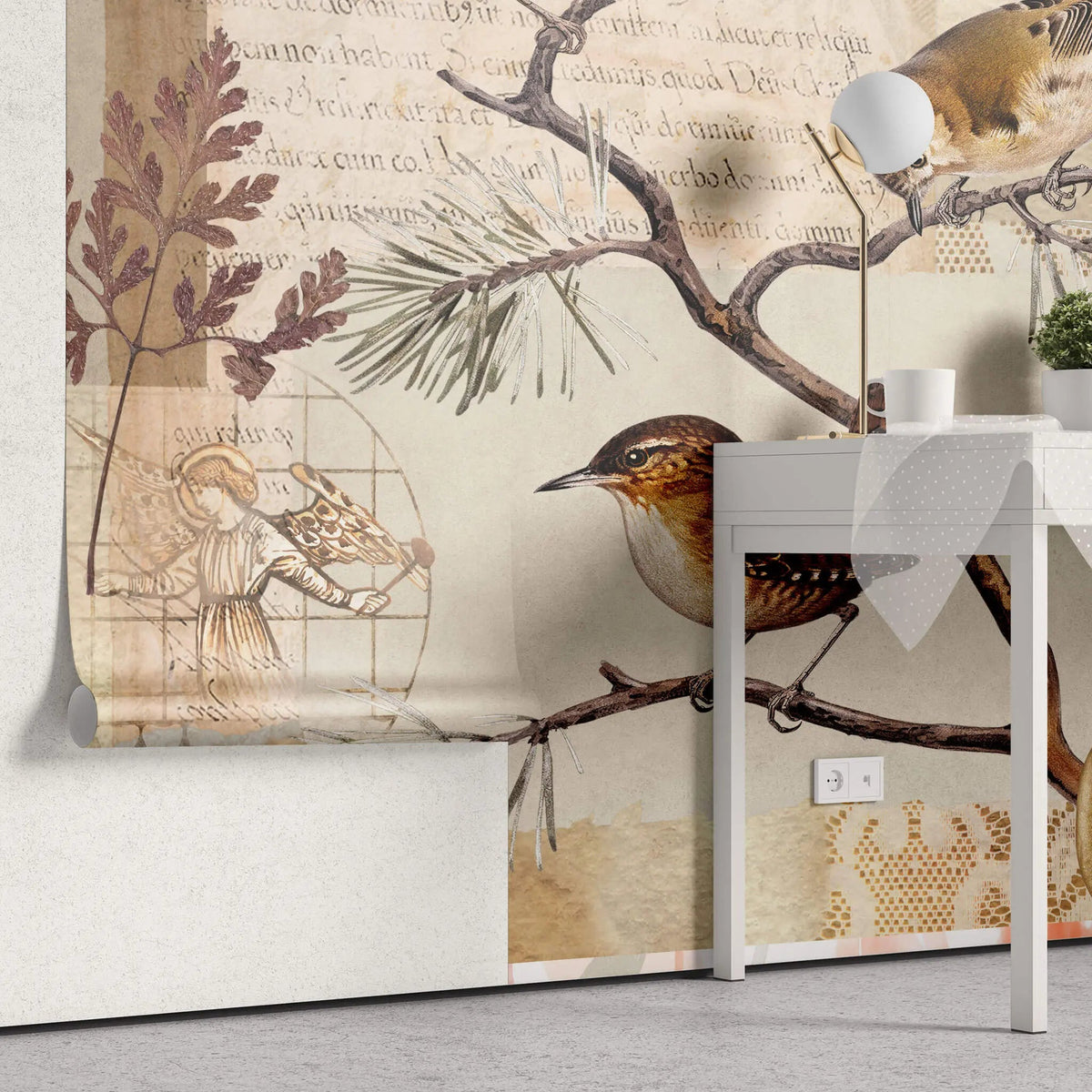 Tapet personalizat eclectic cu design inedit in nuante pamantii ce ilustreaza o scrisoare veche cu sigiliu sub o ramura de conifer plina cu pasari postcard