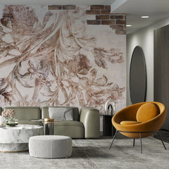 Tapet personalizat eclectic cu flori pe fundal alb si perete din caramida eclectic brick flowers