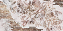 Tapet personalizat eclectic cu flori pe fundal alb si perete din caramida eclectic brick flowers