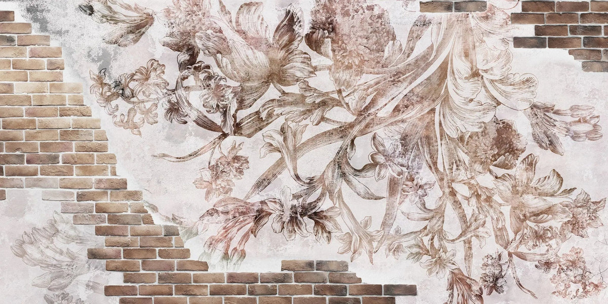 Tapet personalizat eclectic cu flori pe fundal alb si perete din caramida eclectic brick flowers