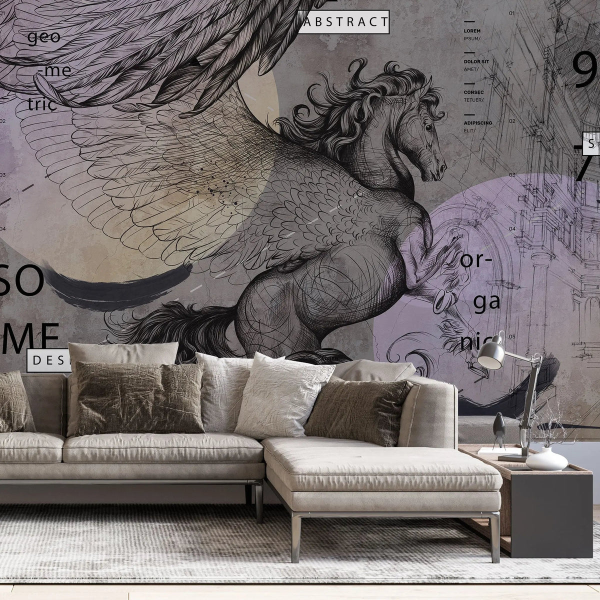 Tapet personalizat eclectic cu cal cu aripi si elemente de inspiratie eclectica in nuante inchise eclectic horse dark