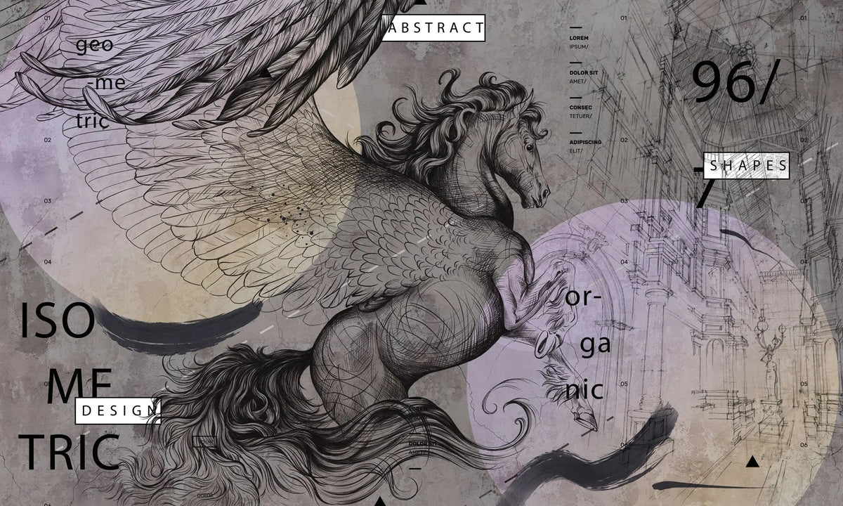 Tapet personalizat eclectic cu cal cu aripi si elemente de inspiratie eclectica in nuante inchise eclectic horse dark