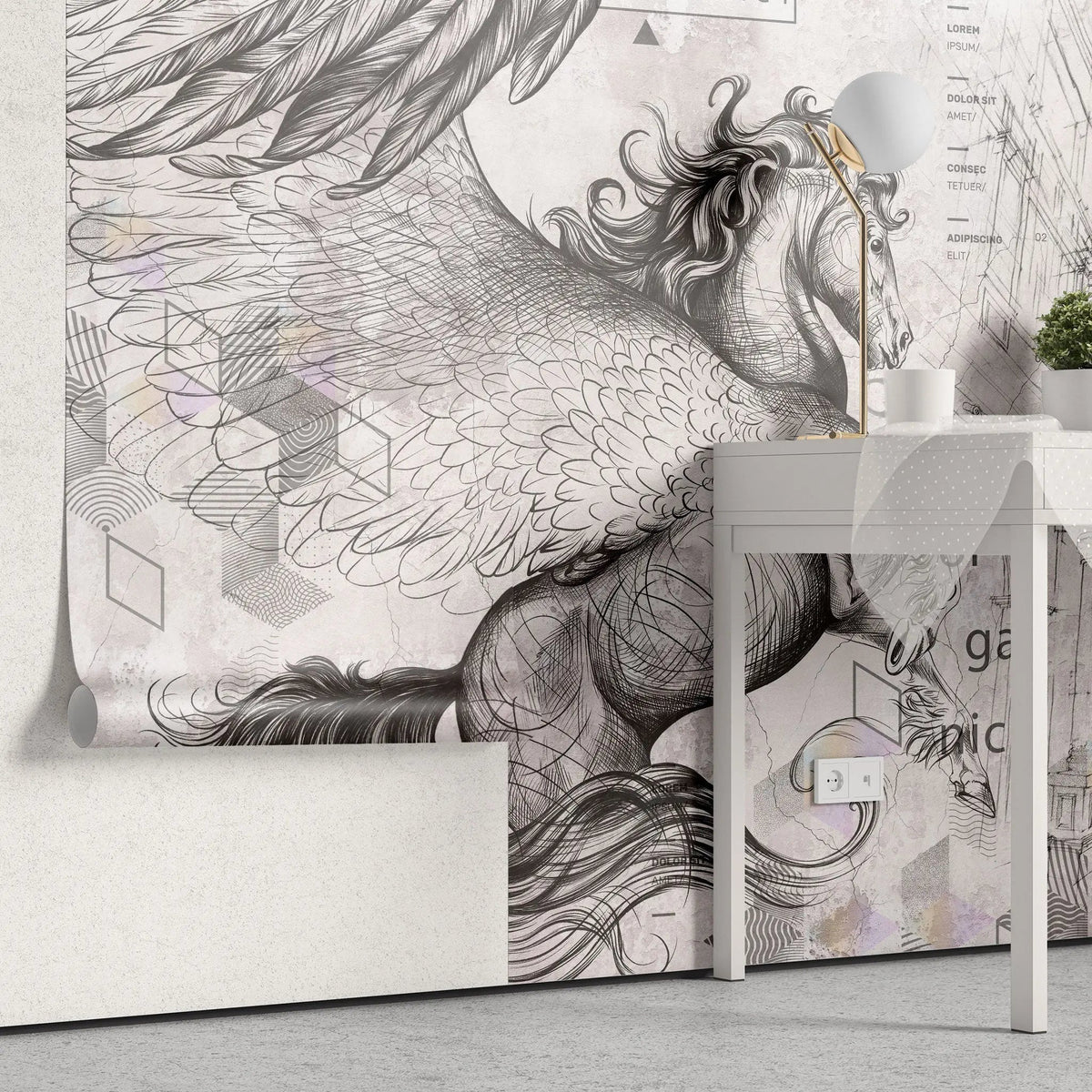 Tapet personalizat eclectic cu cal cu aripi si elemente de inspiratie eclectica in nuante deschise eclectic horse light