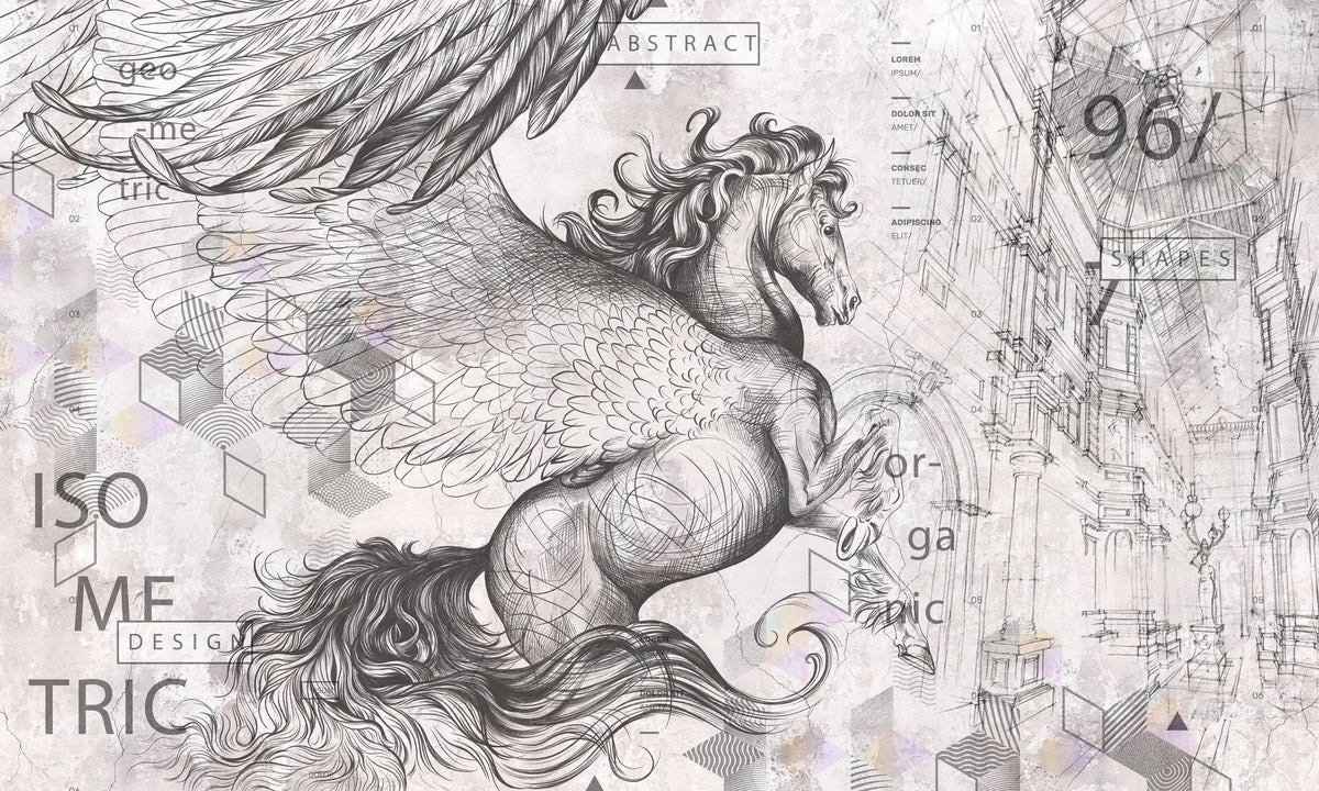 Tapet personalizat eclectic cu cal cu aripi si elemente de inspiratie eclectica in nuante deschise eclectic horse light