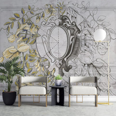 Tapet personalizat eclectic cu oglinda inconjurata de flori colorate si schitate nature's mirror