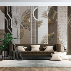 Tapet personalizat eclectic cu selectie de elemente in tonuri calde de bejuri si maro combinate intr o selectie indrazneata