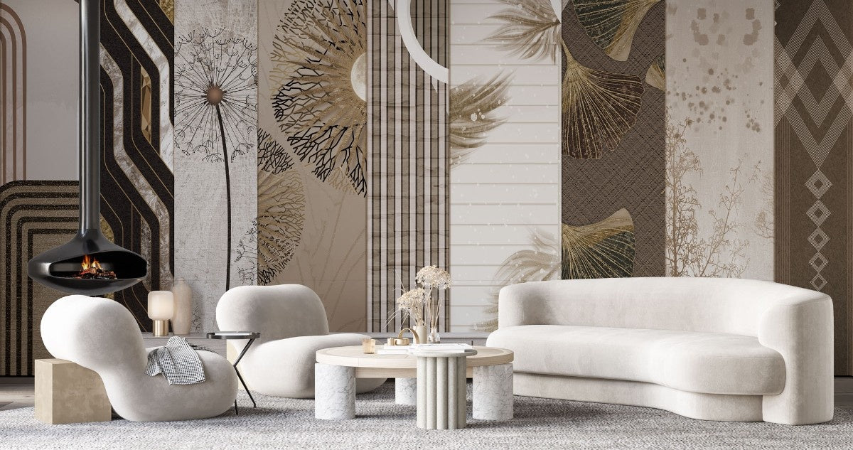Tapet personalizat eclectic cu selectie de elemente in tonuri calde de bejuri si maro combinate intr o selectie indrazneata