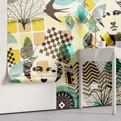 Tapet Personalizat Eclectic cu amestec de elemente de sculptura si natura in nuante vibrante de galben si turcoaz - TURQUOISE ECLECTIC