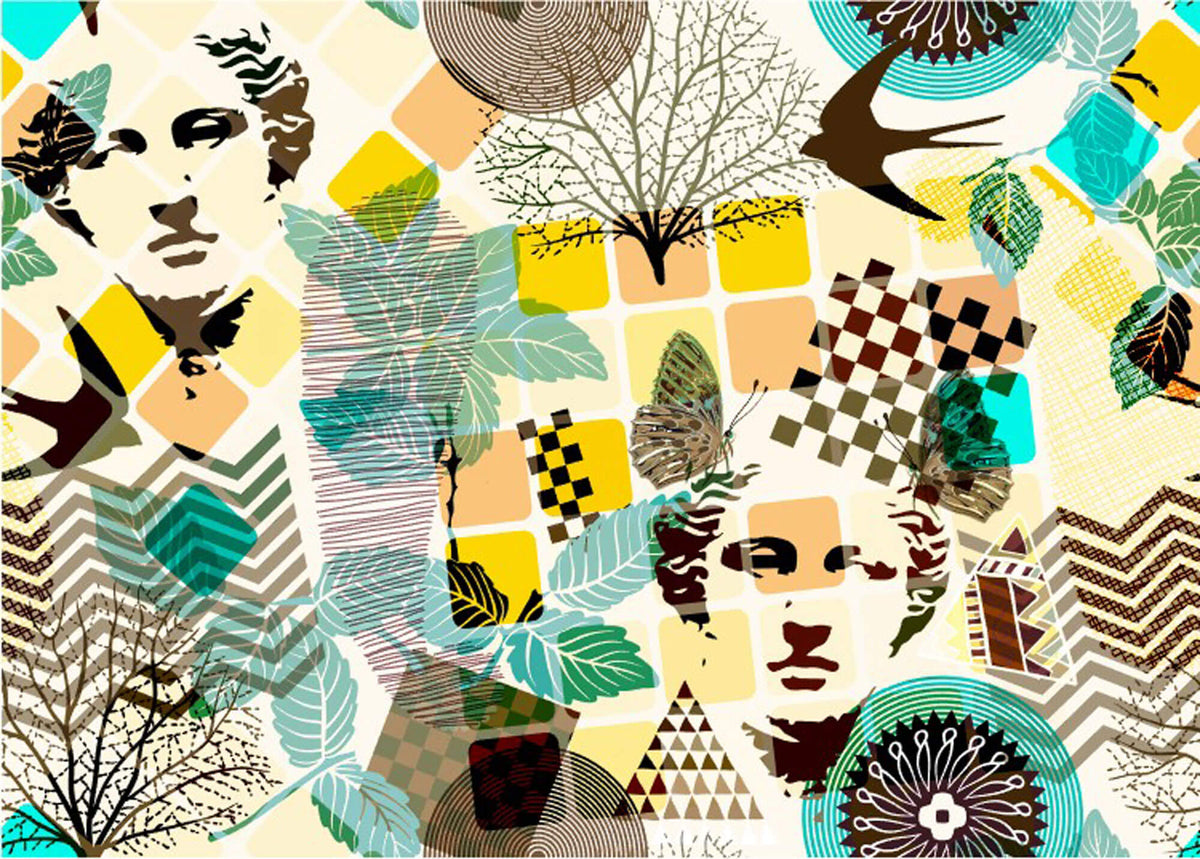 Tapet Personalizat Eclectic cu amestec de elemente de sculptura si natura in nuante vibrante de galben si turcoaz - TURQUOISE ECLECTIC