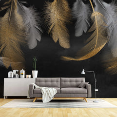 Tapet personalizat fine art cu pene gri si aurii pe fundal inchis refined feather
