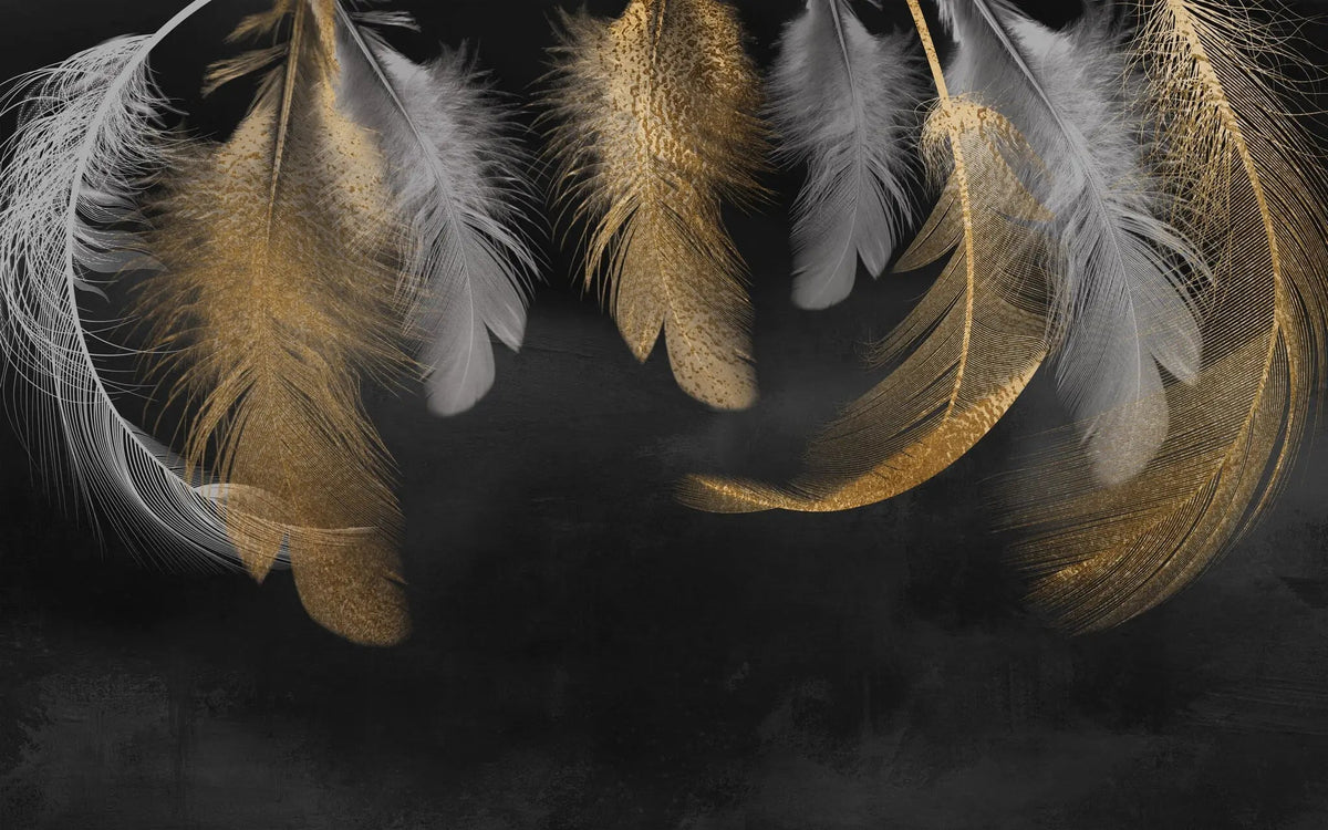 Tapet personalizat fine art cu pene gri si aurii pe fundal inchis refined feather