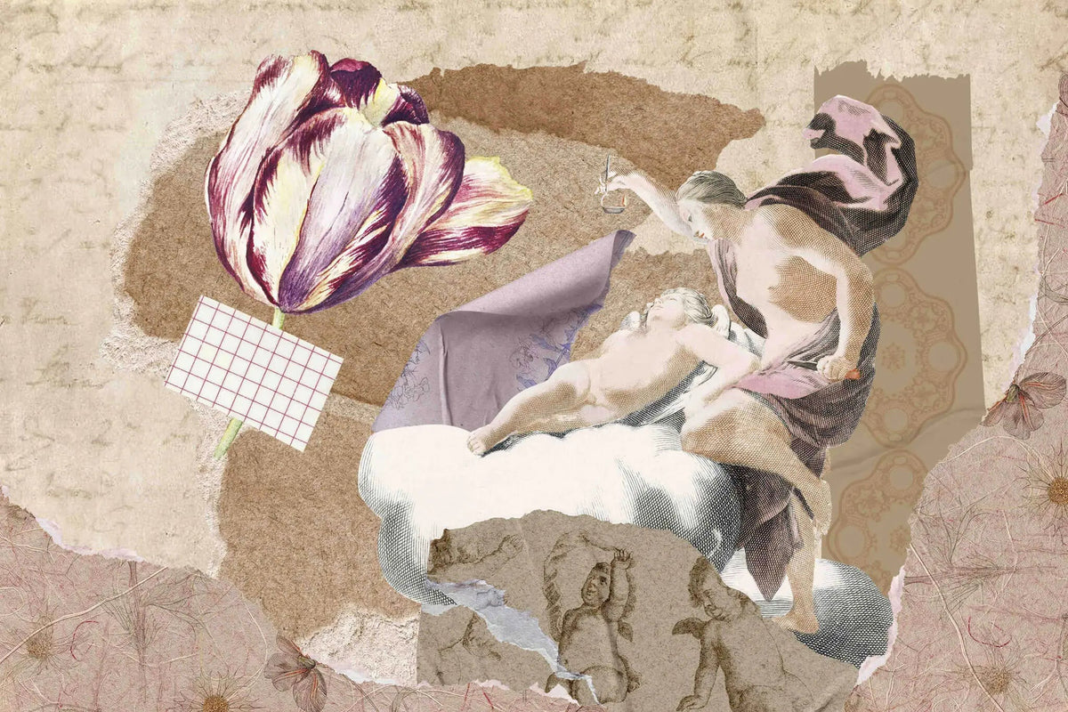 Tapet personalizat fine art de tip colaj de imagini in stil renascentist renaissance collage