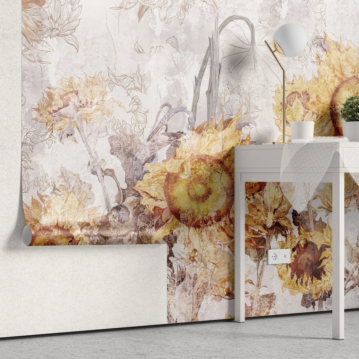Tapet personalizat fine art cu floarea soarelui inflorita pe un fundal deschis sunflowers