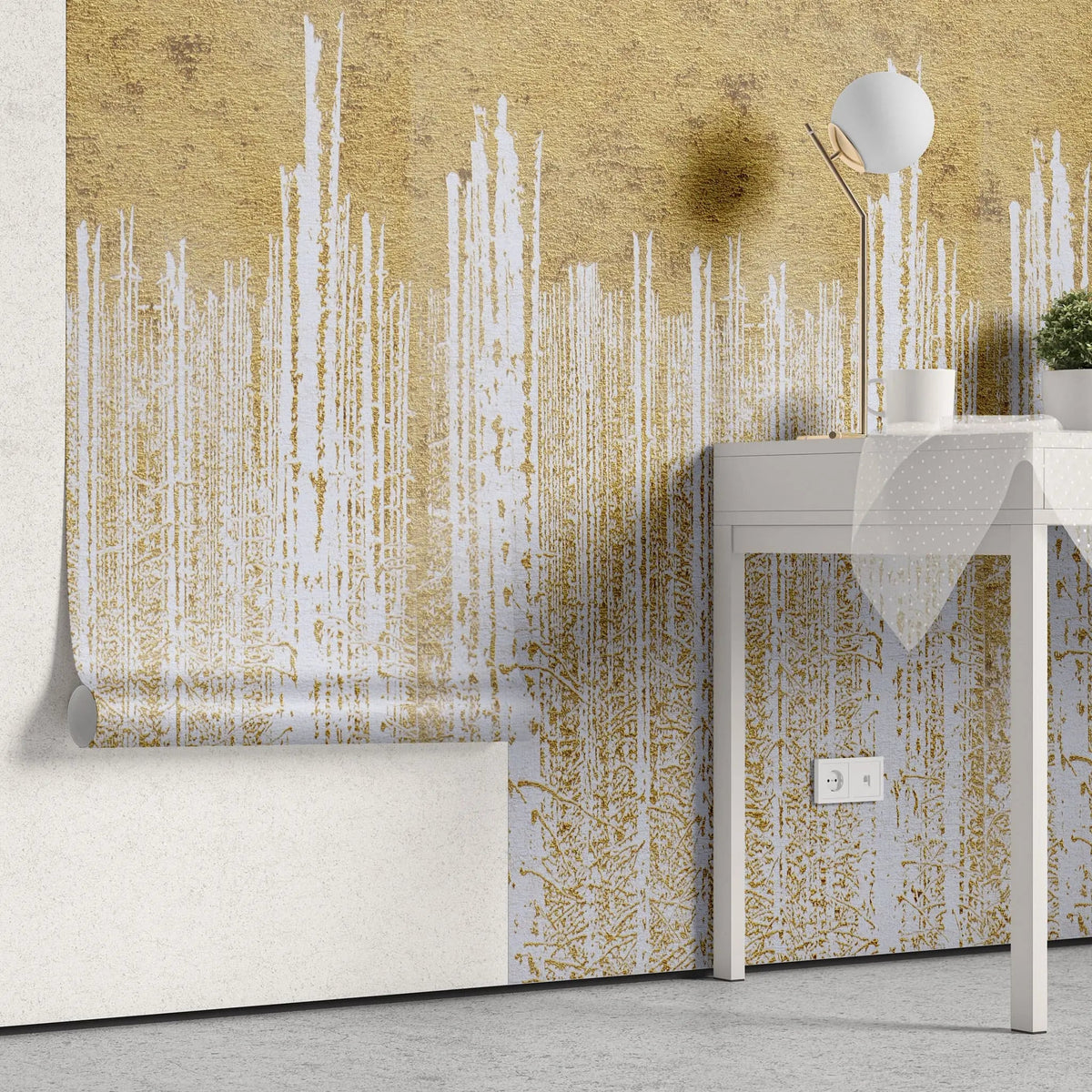 Tapet personalizat fine art cu pereti albi in foita aurie golden foil wall