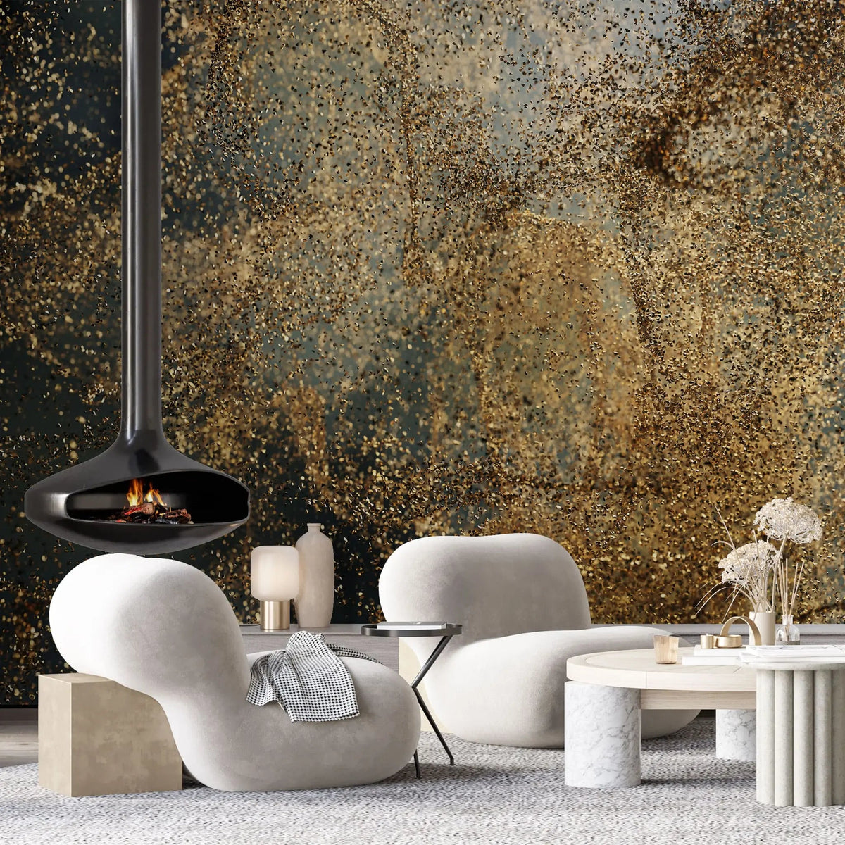 Tapet personalizat fine art cu sclipici auriu nisipos in prim plan sandy glitter