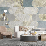 Tapet personalizat fine art cu frunze tropicale in nuante de alb auriu si albastru deschis tropical leaves blend