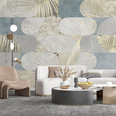 Tapet personalizat fine art cu frunze tropicale in nuante de alb auriu si albastru deschis tropical leaves blend