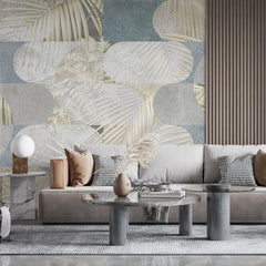 Tapet personalizat fine art cu frunze tropicale in nuante de alb auriu si albastru deschis tropical leaves blend