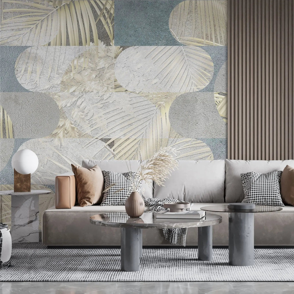 Tapet personalizat fine art cu frunze tropicale in nuante de alb auriu si albastru deschis tropical leaves blend