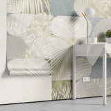 Tapet personalizat fine art cu frunze tropicale in nuante de alb auriu si albastru deschis tropical leaves blend