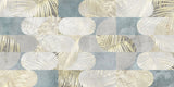 Tapet personalizat fine art cu frunze tropicale in nuante de alb auriu si albastru deschis tropical leaves blend