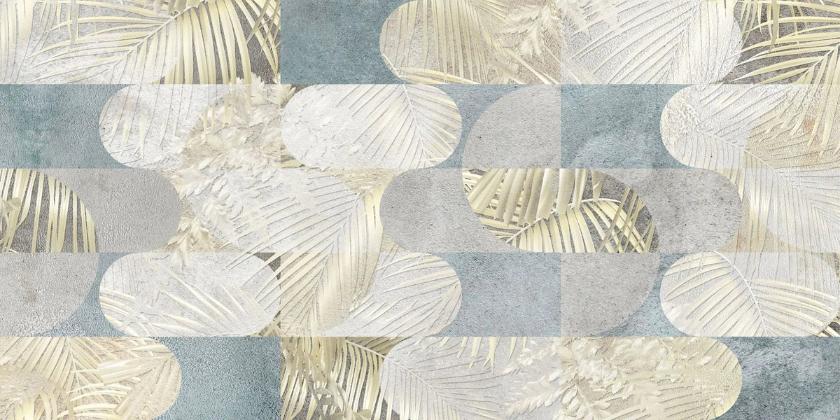 Tapet personalizat fine art cu frunze tropicale in nuante de alb auriu si albastru deschis tropical leaves blend