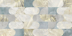 Tapet personalizat fine art cu frunze tropicale in nuante de alb auriu si albastru deschis tropical leaves blend
