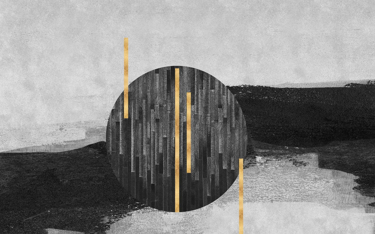 Tapet personalizat fine art texturat cu dungi negre si aurii pe un fundal monocrom iceland