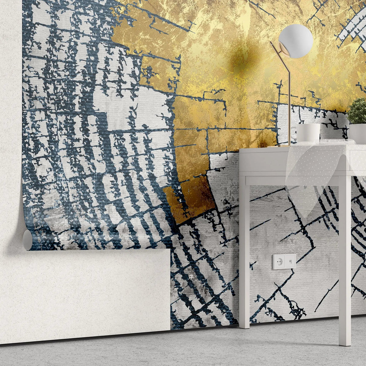 Tapet personalizat fine art cu inele de copac tip buturuga in nuante de alb si auriu white 'n gold tree rings