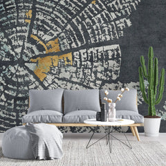 Tapet personalizat fine art cu inele de copac tip buturuga in nuante de gri si auriu grey 'n gold tree rings