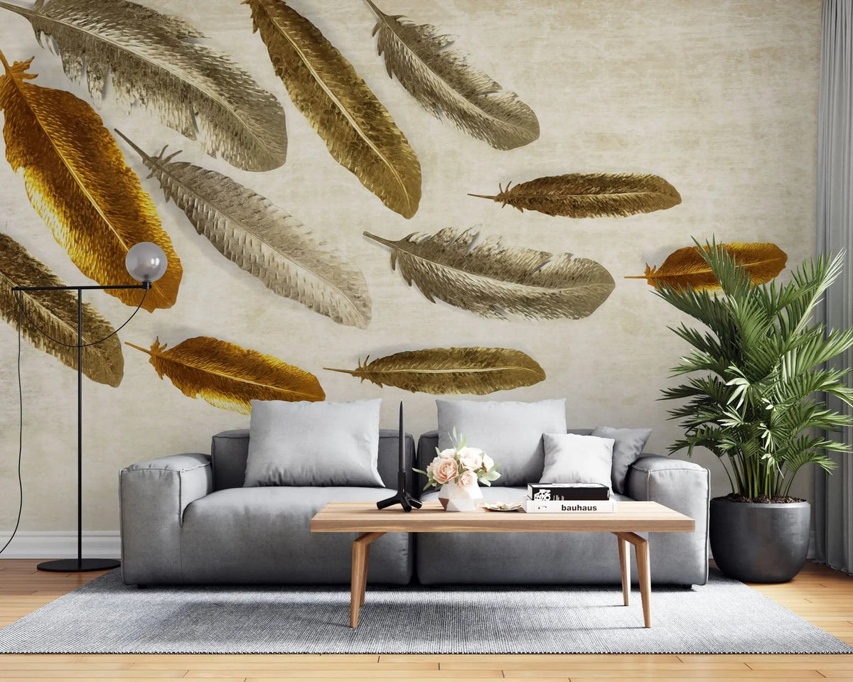 Tapet personalizat fine art cu pene de arama si alama pe fundal deschis brass feathers