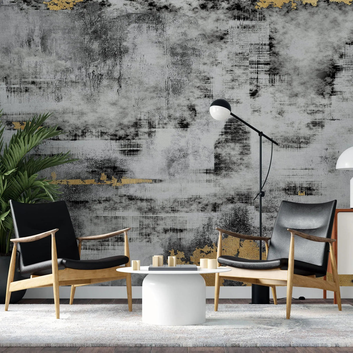 Tapet personalizat fine art cu textura de perete pictat in alb negru si auriu golden black smudge