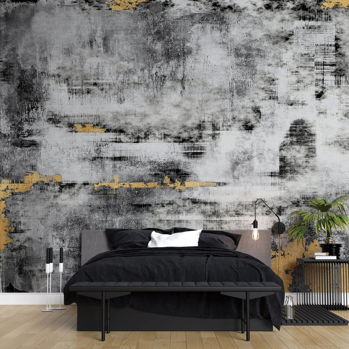 Tapet personalizat fine art cu textura de perete pictat in alb negru si auriu golden black smudge