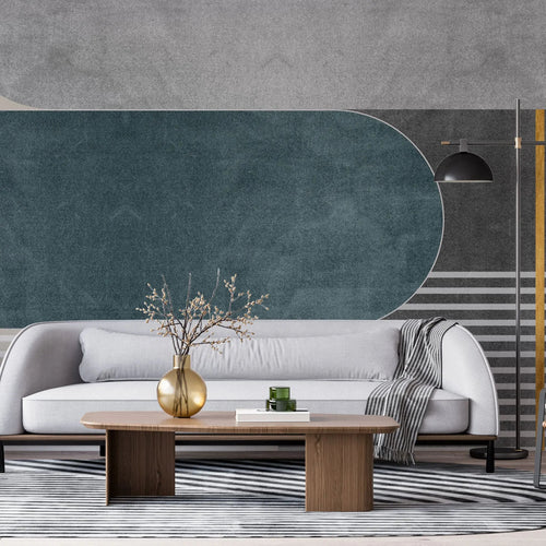 Tapet personalizat fine art cu forme abstracte aflate in aliniament in nuante de albastru si cu detalii aurii aesthetic shapes