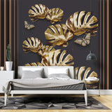 Tapet personalizat fine art cu frunze aurii de monstera pe un fundal negru brass monstera