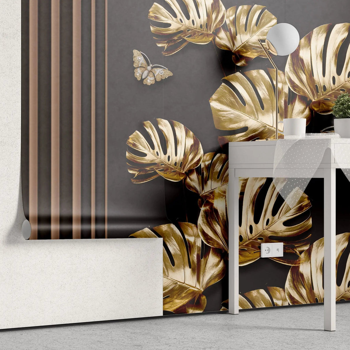 Tapet personalizat fine art cu frunze aurii de monstera pe un fundal negru brass monstera