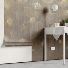 Tapet personalizat fine art cu frunze aurii de ginko biloba pe un fundal maro brown ginko biloba