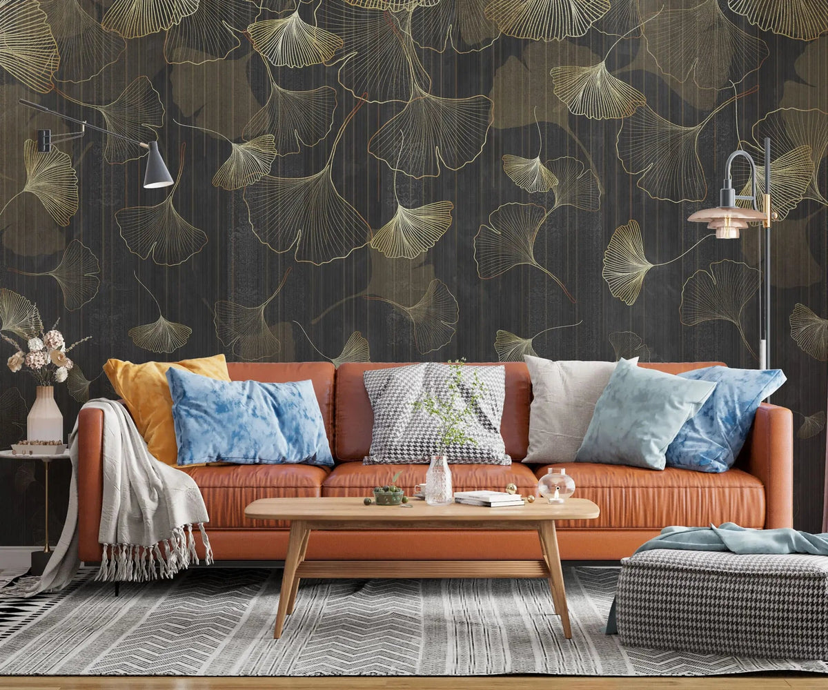 Tapet personalizat fine art cu frunze aurii de ginko biloba pe un fundal negru black ginko biloba