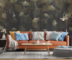 Tapet personalizat fine art cu frunze aurii de ginko biloba pe un fundal negru black ginko biloba
