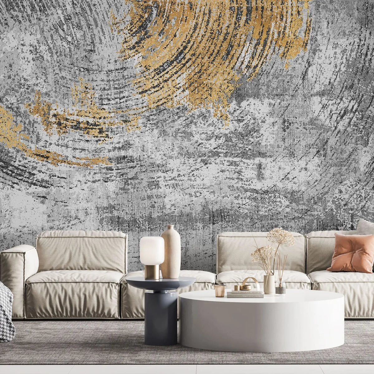 Tapet personalizat fine art cu cercuri aurii texturate pe un fundal gri beton concrete circles