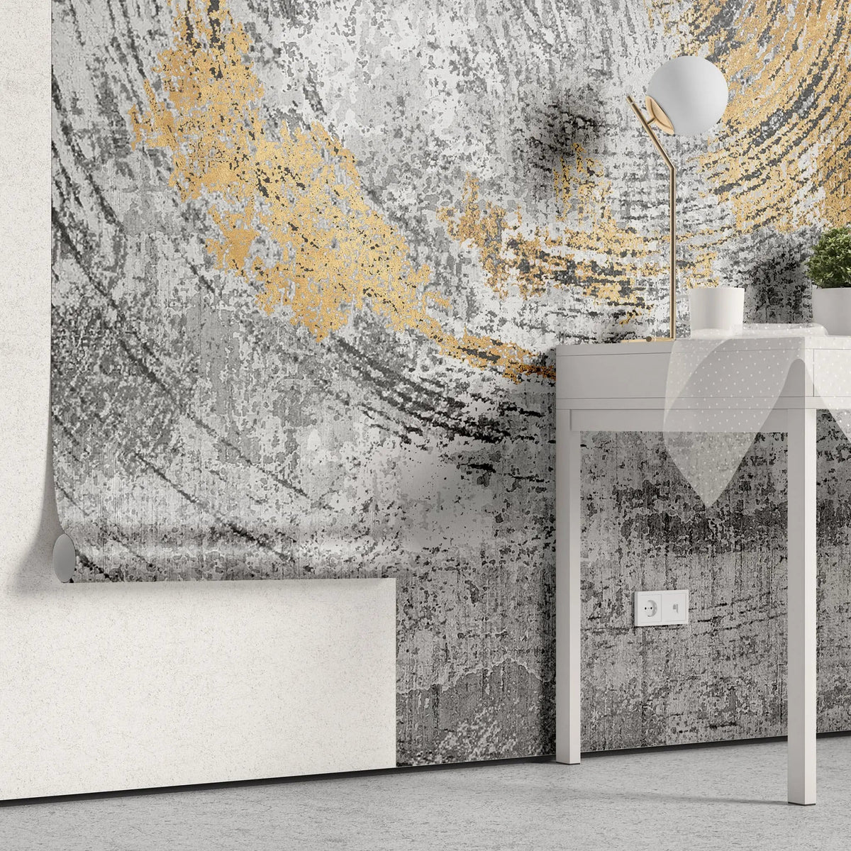 Tapet personalizat fine art cu cercuri aurii texturate pe un fundal gri beton concrete circles