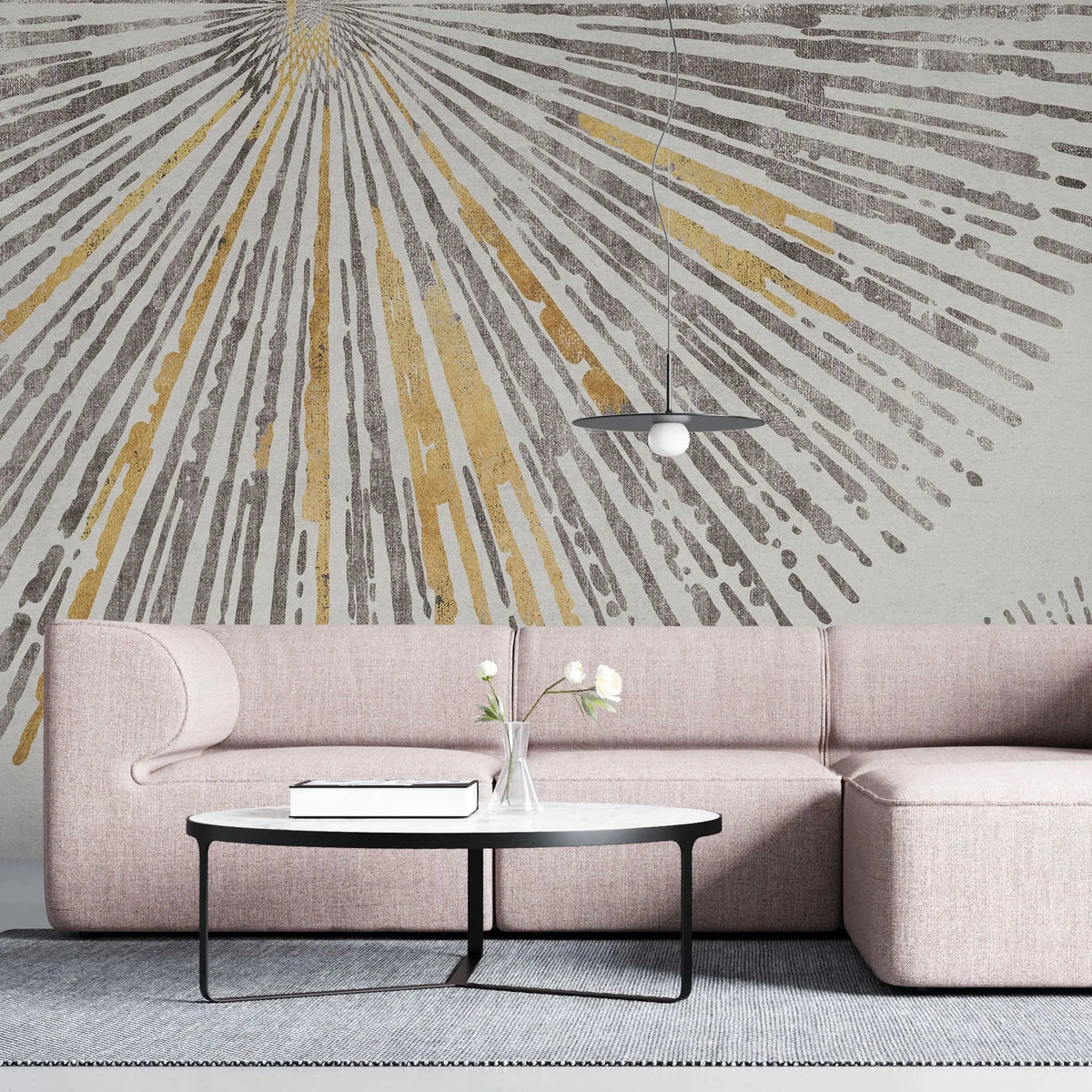 Tapet personalizat fine art cu dungi radiante argintii cu detalii aurii silver goddess