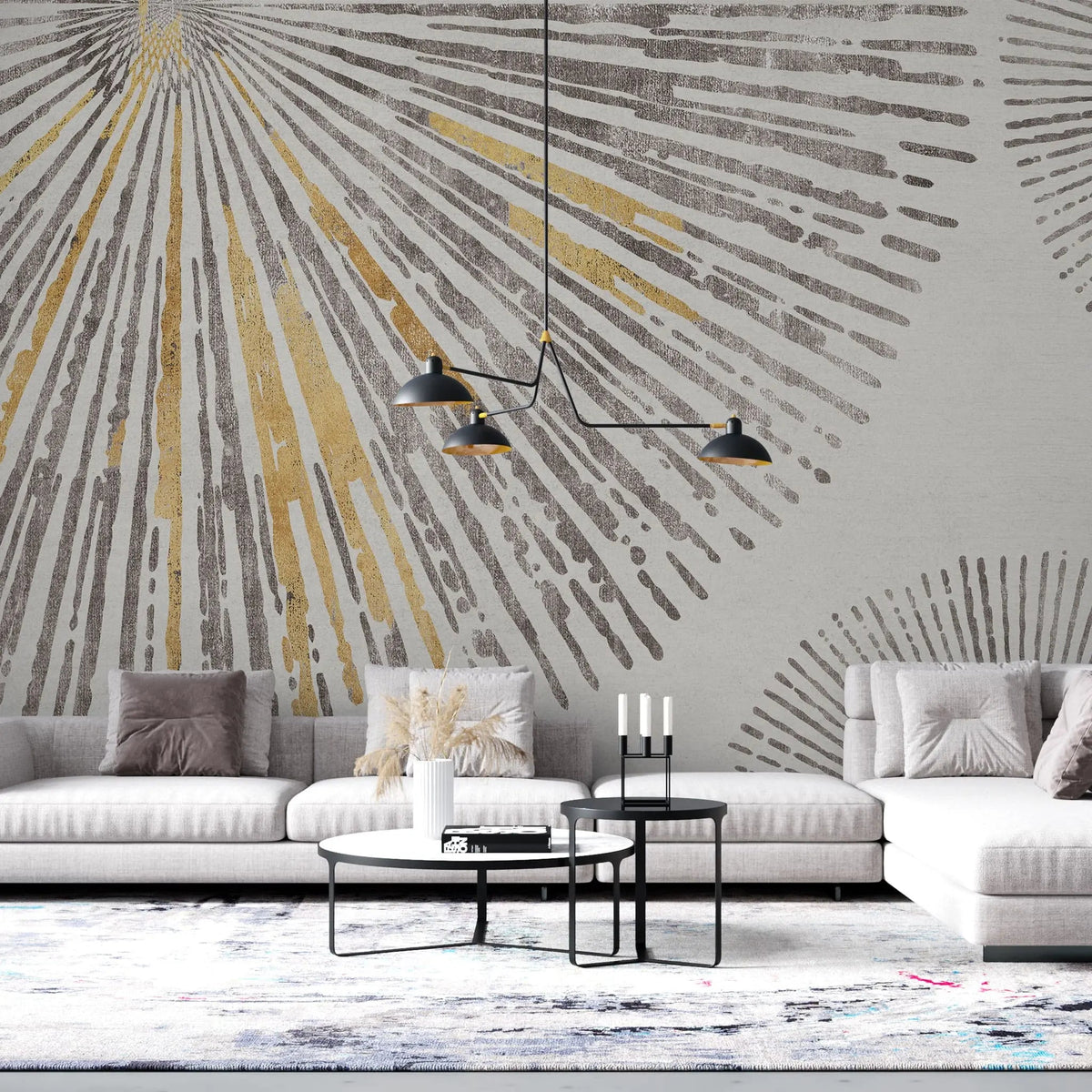 Tapet personalizat fine art cu dungi radiante argintii cu detalii aurii silver goddess
